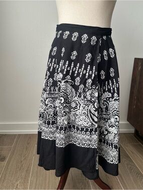 Black and White Paisley Midi Natural Cotton Wrap Skirt